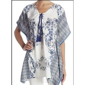 Free Generation White/Blue Boho Floral Tasseled Lace Up Blouse One Size